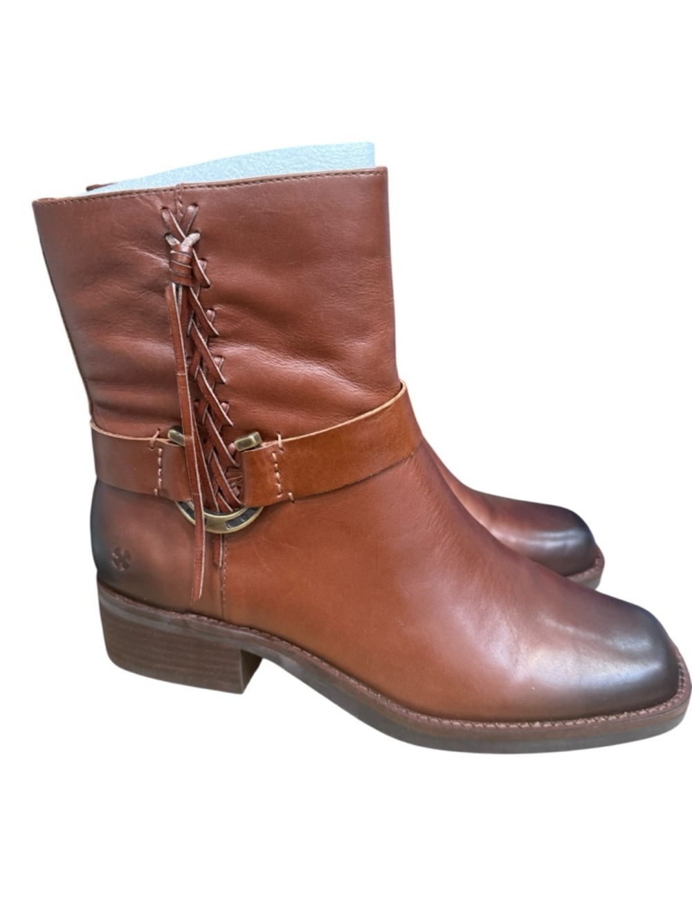 Lucky Brand Cognac Leather Ankle Boots with Braided Strap NIB